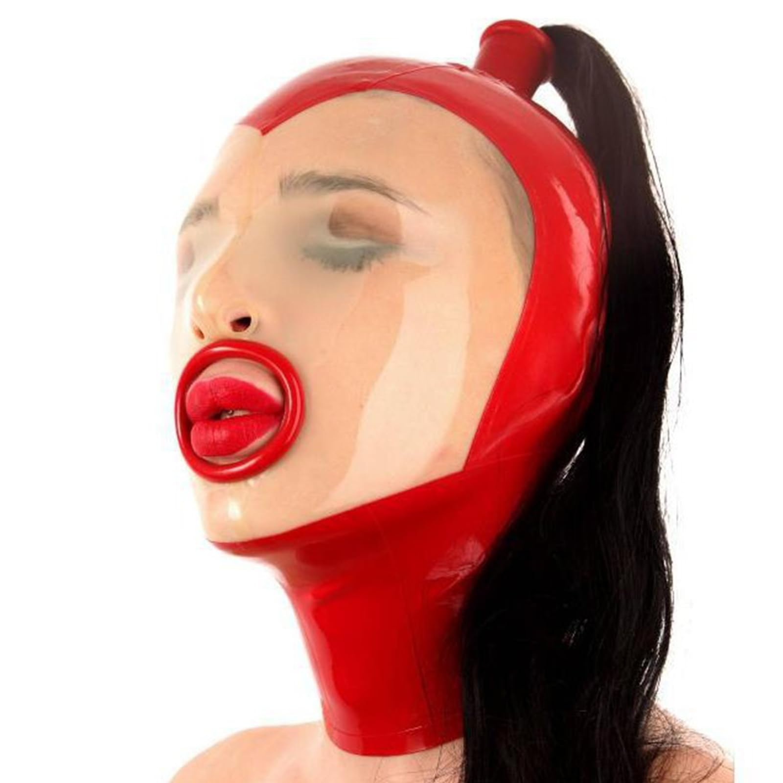 DSPENGS BDSM Latex Hood Transparent Rubber Head Mask with Wig Back Zipper Handmade for Unisex Cosplay Club Wear(Size:L-68CM)