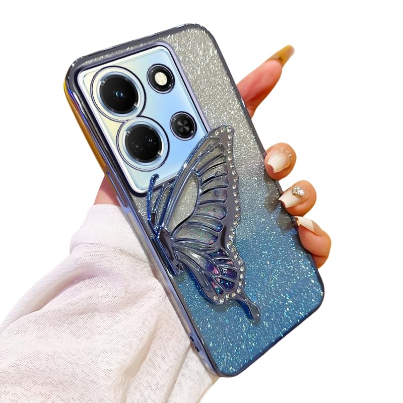 Silicone Case for Infinix Note 30 5G Cover, Luxury Electroplated Glitter Gradient Quicksand Butterfly Protection Cover for Women Girls Compatible with Infinix Note 30 5G Protective Shell (Blue)