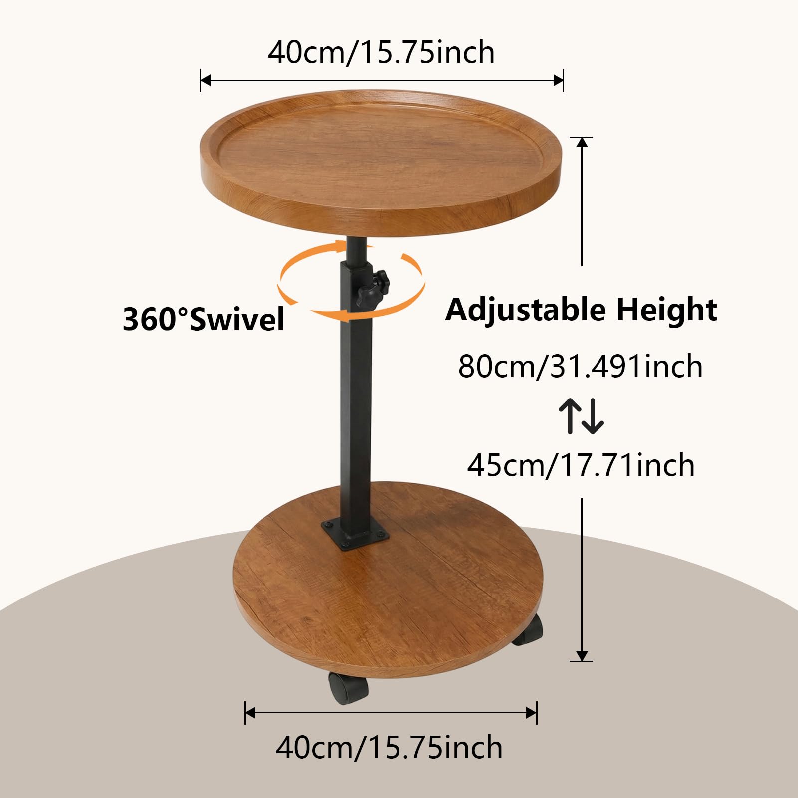 Mesa auxiliar de altura ajustable, mesa auxiliar giratoria de 360° con ruedas para sofá, dormitorio, oficina, sala de estar, mesas de café para espacios pequeños (color madera natural)
