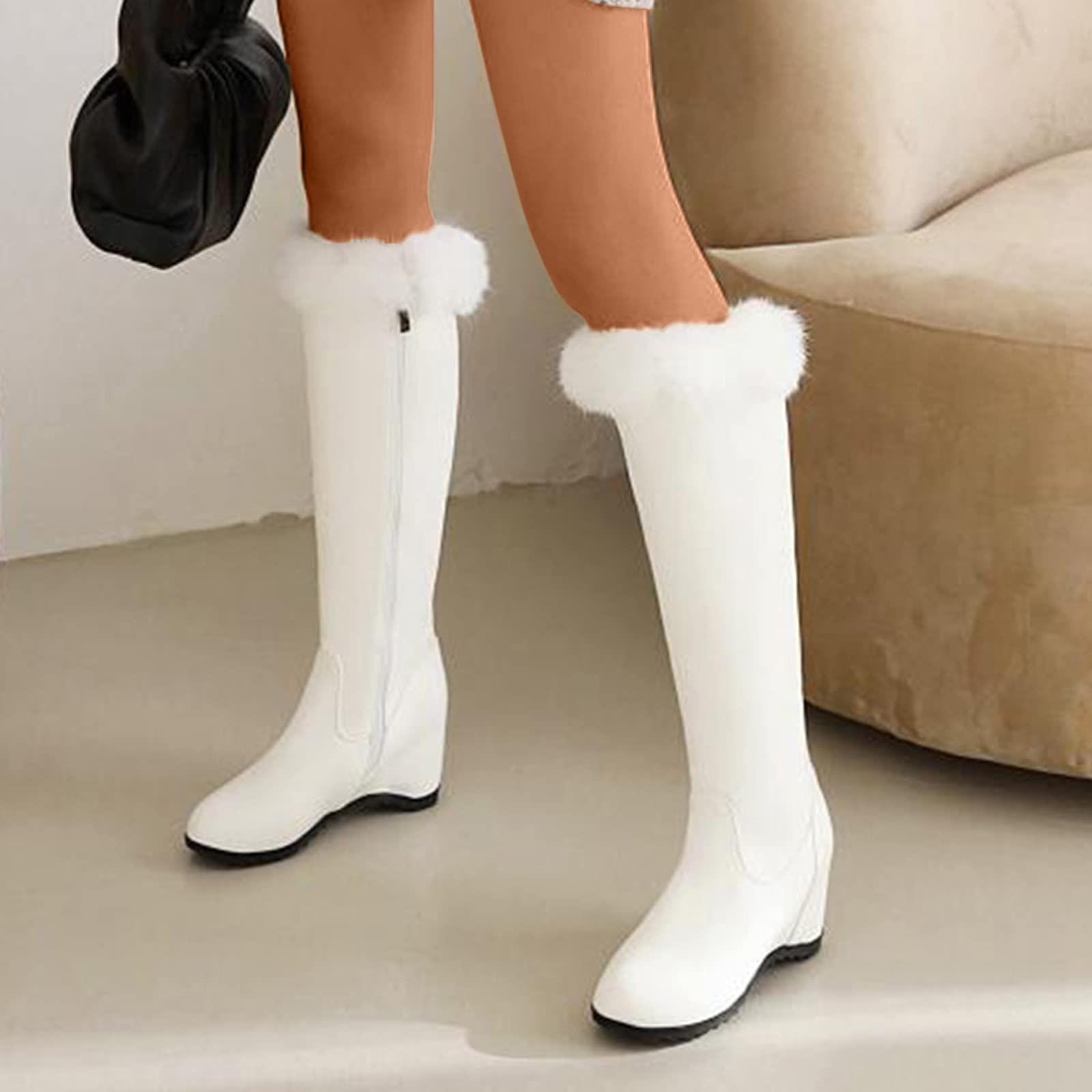 Scarpe Impermeabili Bambina 2026 Cerniera Laterale In Peluche Pelle Tinta Unita Moda Donna All'Interno Stivali Lunghi Cotone con Tacco A Zeppa Anfibi Neri Scarpa Invernale