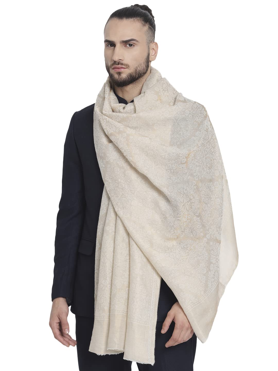 Pashtush Mens Twilight Collection, Jacquard Stole, With Metallic Thread Weave, Fine Wool - English Ivory
