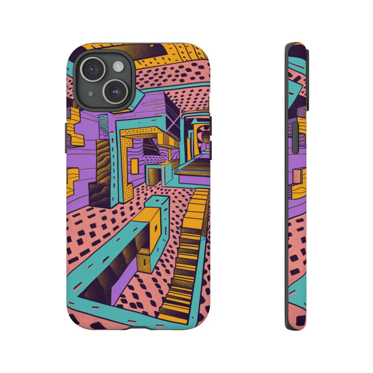 Coque iPhone 15 Plus géométrique rose rigide et mate