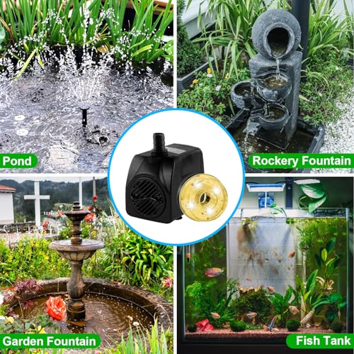 NATPOW Springbrunnenpumpe Aussen mit LED, 3000K Teichpumpe für Miniteich, Aquariumpumpe mit 3M Kabel, 3 Düsen, 800L/h 15W Gartenbrunnen Pumpe Klein für Gartenteich, Wasserfall