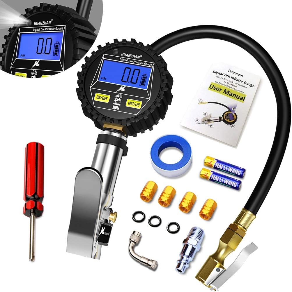 HUANZHAN Digital Tire Inflator Pressure Gauge (250 PSI) - Car Tire Inflator & Deflator Gun with Air Chuck and Compressor Accessories and Rubber Hose for Truck/Automobile and Motorcycle