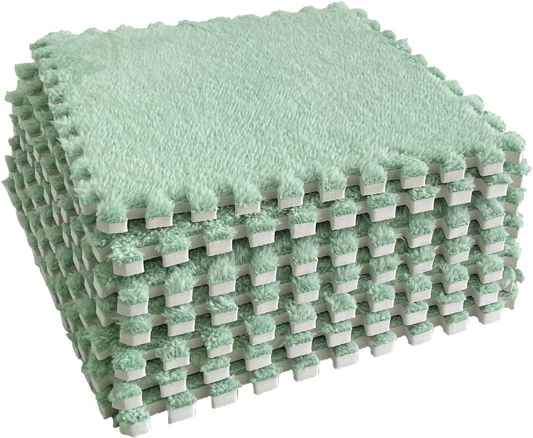 12 pcs Shaggy Soft EVA Foam Interlocking Carpet Fluffy Rugs Protective Floor Tiles Sport Play mats for Home Parlor, Bedroom, Children Kids Room (Pink)