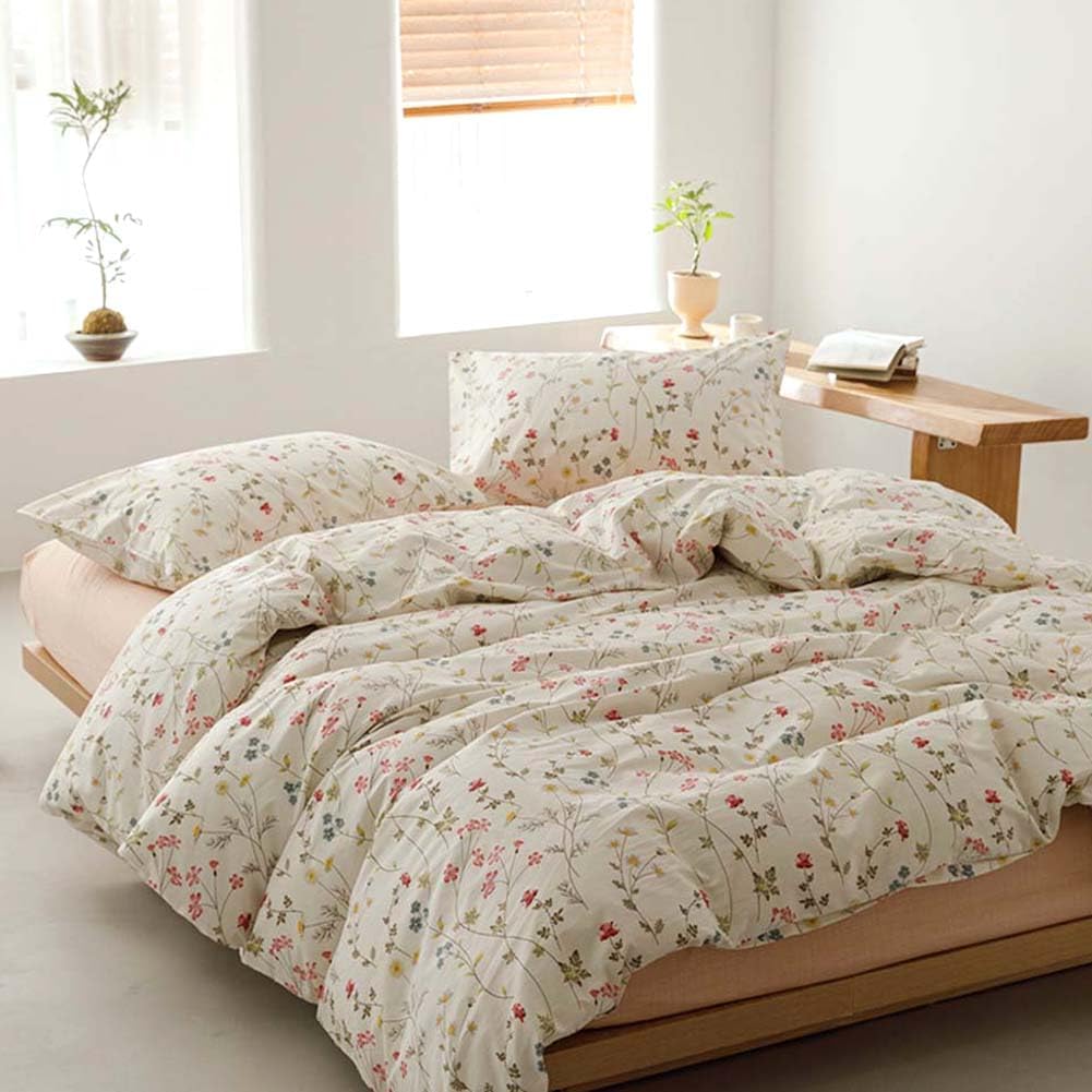 Nayoroom Floral Duvet Cover Queen Size 100% Cotton Pink Yellow Flowers Leaves Printed on Cream White Comforter Cover 3 Pieces Soft Breathable Spring Cottagecore Bedding Set with Zipper Closure