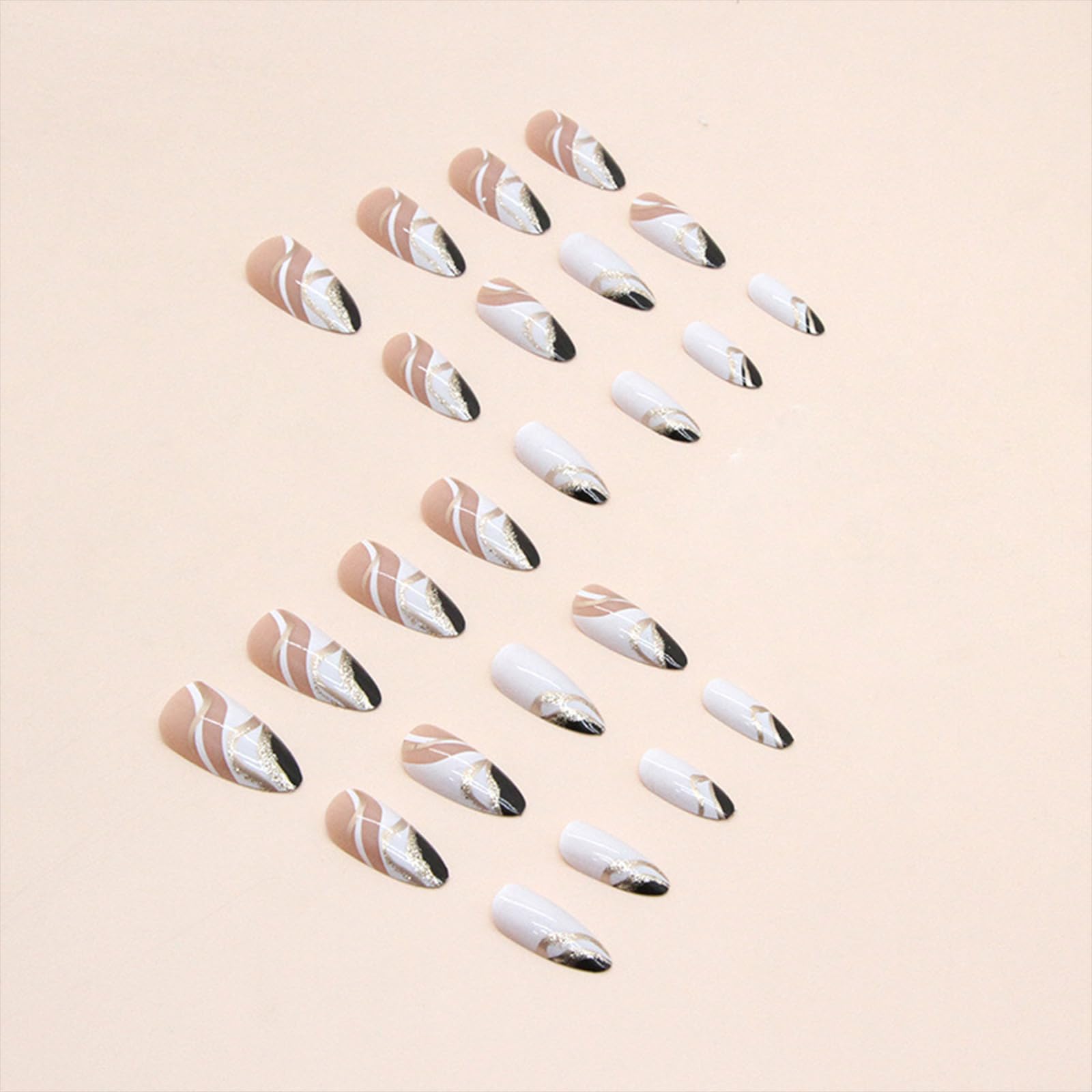 French Almond Fake Nails,Cute Acrylic Nails,Fake Nails with Pentagram,Nude Ladies Artificial Nails 24 pcs: Black and white gold thread
