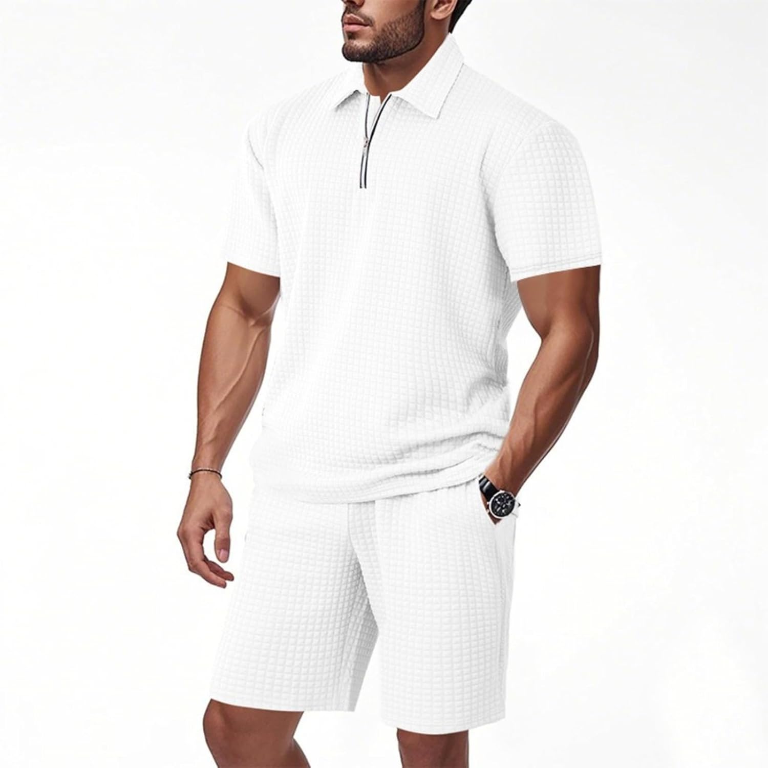 Men's Casual Outfits 2 Piece Sets Summer Linen Short Sleeve Hooded Shirt and Cargo Shorts