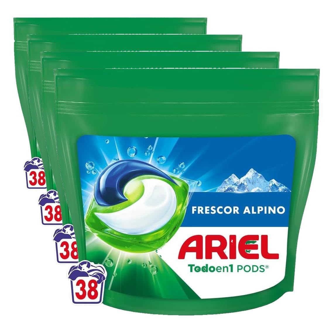 Ariel PODs Todo en 1, Detergente Líquido En Cápsulas Frescor De Los Alpes Cápsulas, 38 Lavados (Paquete de 4)