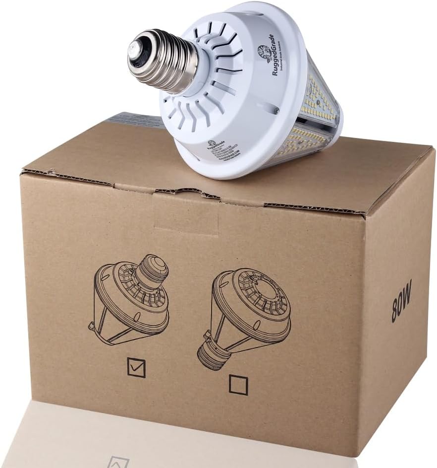 RuggedGrade 80W LED High Bay Light Bulb - Oberon II Series - 9,800 Lumens - 5000K Bright White - Includes Interchangeable E39 and E26 Base - Post Top Bulb - DLC 5.1 Premium