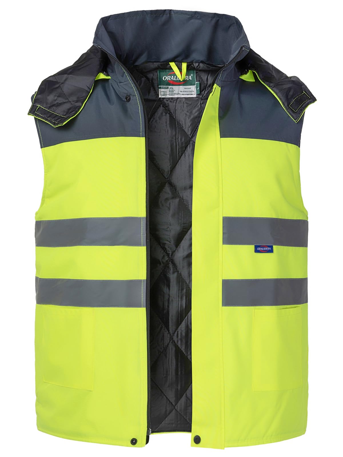 Homme Gilet de Travail à Bandes Réfléchissantes Rembourré Manteau de Travail Réfléchissant sans Manches Haute Visibilité Gilet d'Hiver Chaud avec Capuche