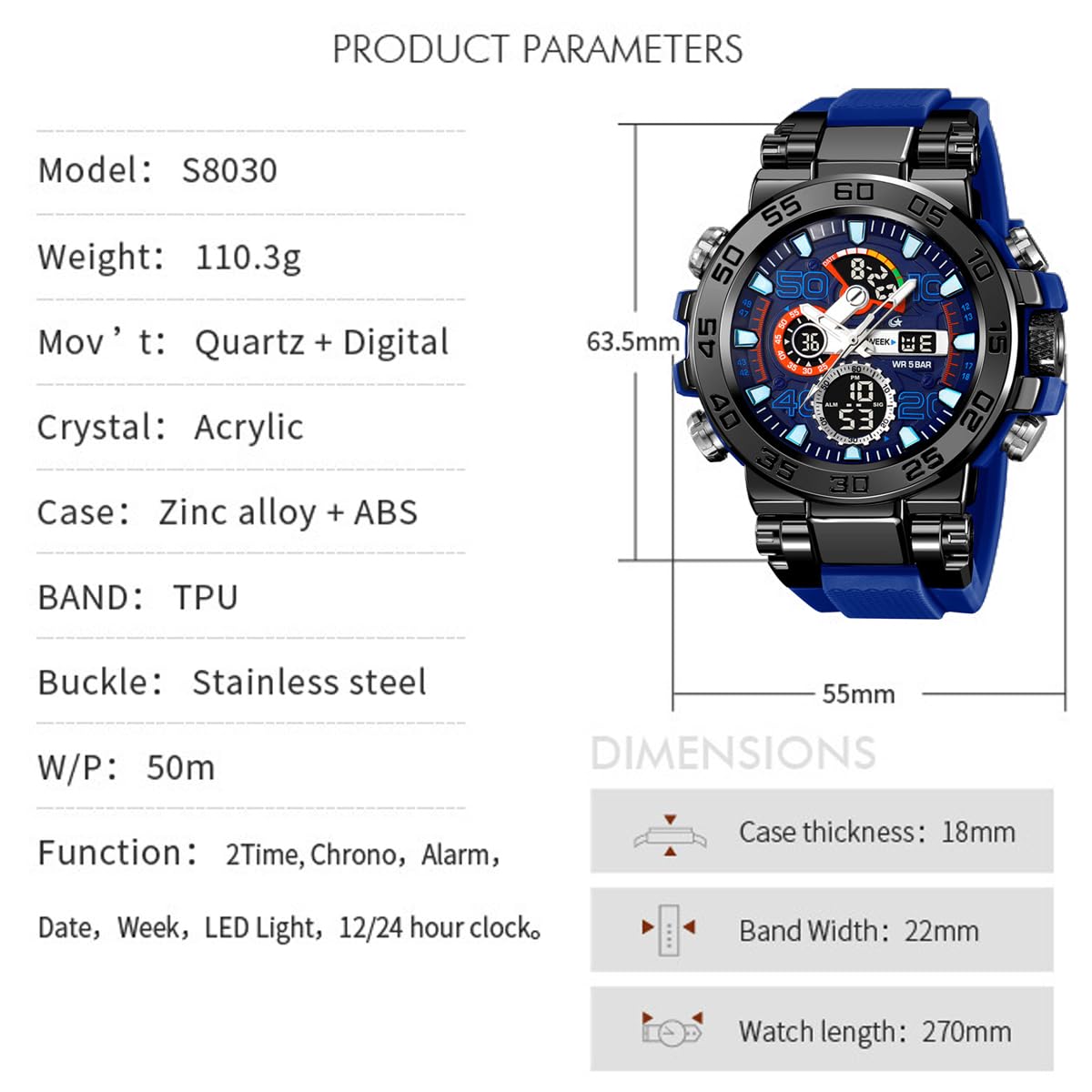 findtime Orologio da uomo sportivo militare, impermeabile, digitale, analogico, tattico, per attività all'aperto, con grande viso, doppio fuso orario, LED luminoso, sveglia e cronometro