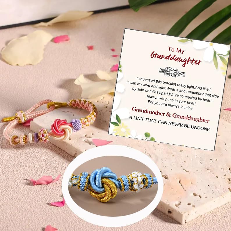 Granddaughter Bracelet for Women, Cute Pink Peach Blossom Knot Bracelet from Grandma Trendy Handmade Braided Charms Bracelets Holiday Jewelry Gifts4