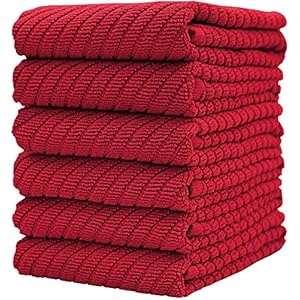 Premium Kitchen Towels (16”x 25”, 6 Pack) | Large Cotton Kitchen Hand Towels | Dish Towels | Diagonal Weave Design | 445 GSM Highly Absorbent Tea Towels Set with Hanging Loop | Red