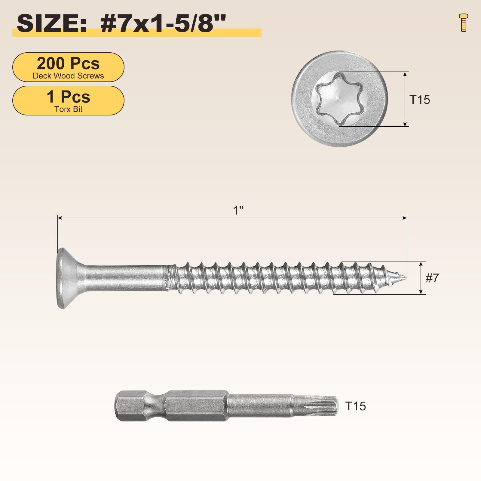 METALLIXITY Deck Screws (#7x1-5/8") 200Pcs, 410 Stainless Steel Wood Screw Decking Screws with T15 Torx Drive Head - Image 2