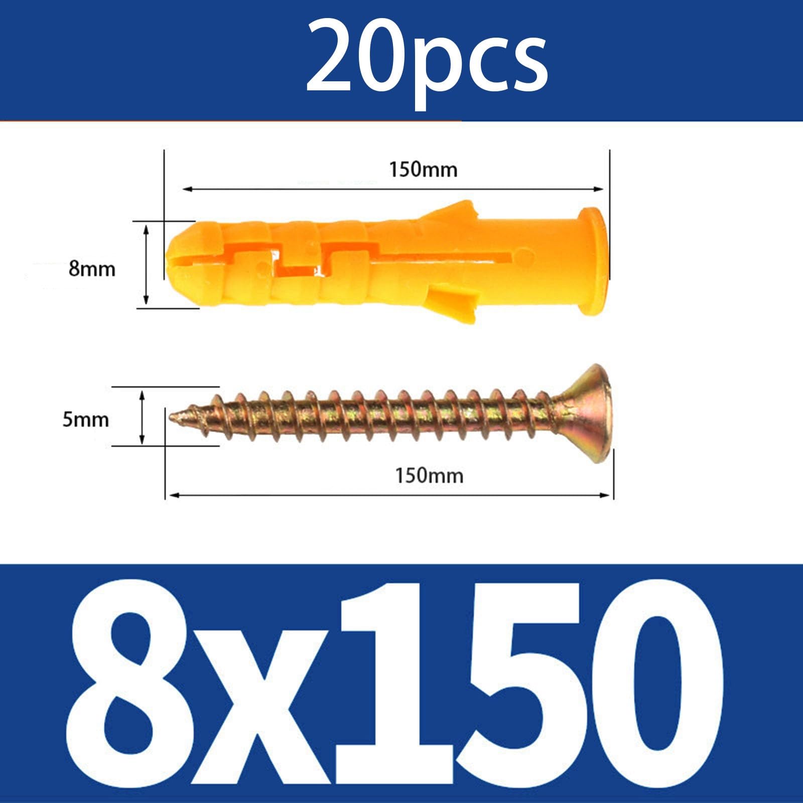 Żółte plastikowe kołki 8 mm z kolorowymi ocynkowanymi śrubami samogwintującymi, zestaw do mocowania płyt gipsowo-kartonowych, betonu, cegieł, pustych ścian. (8 x 150 mm 20 sztuk)