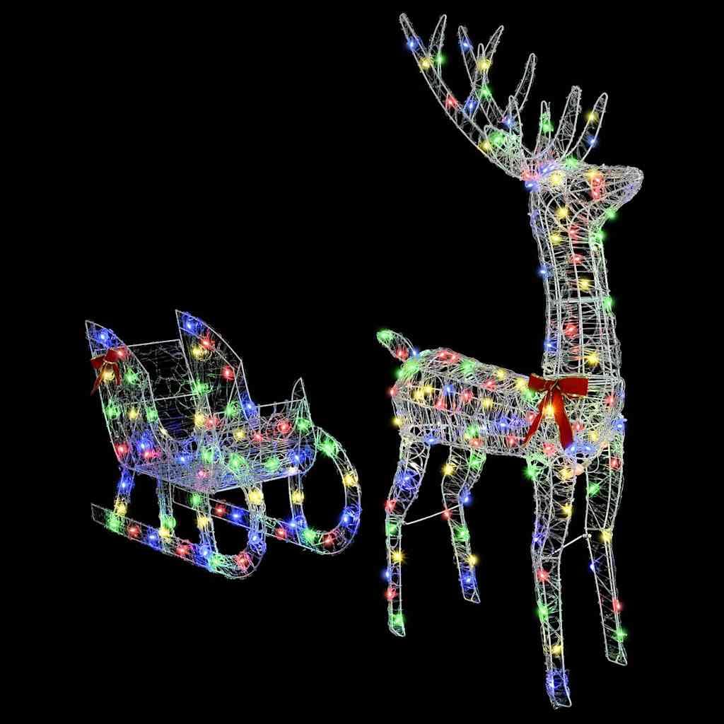 Renna colorata che tira la slitta, 200 LED, acrilico, 70 x 26 x 129 cm, alimentazione USB, per interni ed esterni protetti, decorazione festiva