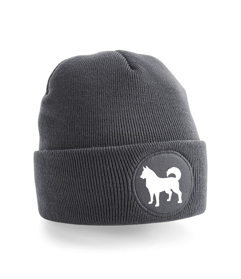 Cyclops Print Husky Dog Walking Beanie Hat Grey/White