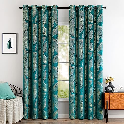 MIULEE Rideaux Velours avec Motif Feuilles d'or, Doux Rideau Vert Turquoise à Oeillet, Rideau Opaque pour Chambre et Salon, 2X L140xH175cm