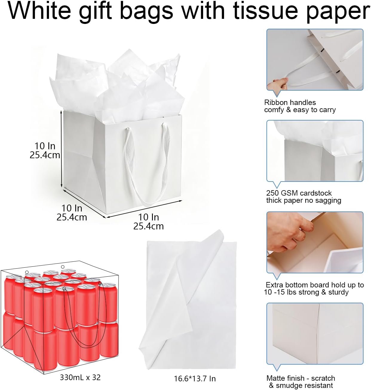 Papertide 24 Pack Large White Cube Gift Bags 10x10x10 inch with Tissue Paper, Big Square Gift Bags for Clothing, Shoes, Toys, Wine, Birthday Christmas Gifts, Party Favors