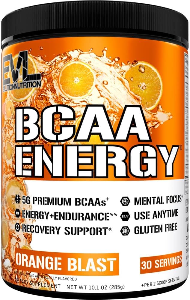 EVL BCAAs Amino Acids Powder - Rehydrating BCAA Powder Post Workout Recovery Drink with Natural Caffeine - BCAA Energy Pre Workout Powder for Muscle Recovery Lean Growth and Endurance - Orange Blast