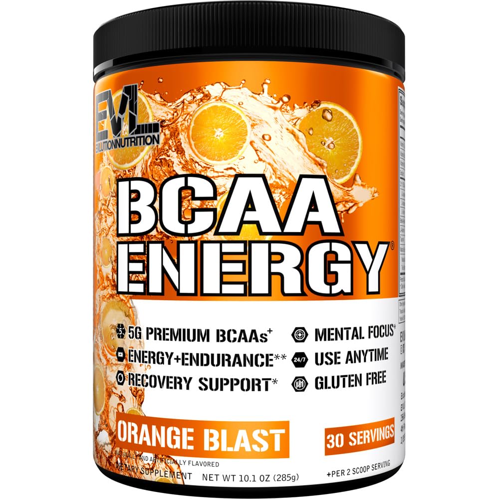 EVL BCAAs Amino Acids Powder - Rehydrating BCAA Powder Post Workout Recovery Drink with Natural Caffeine - BCAA Energy Pre Workout Powder for Muscle Recovery Lean Growth and Endurance - Orange Blast