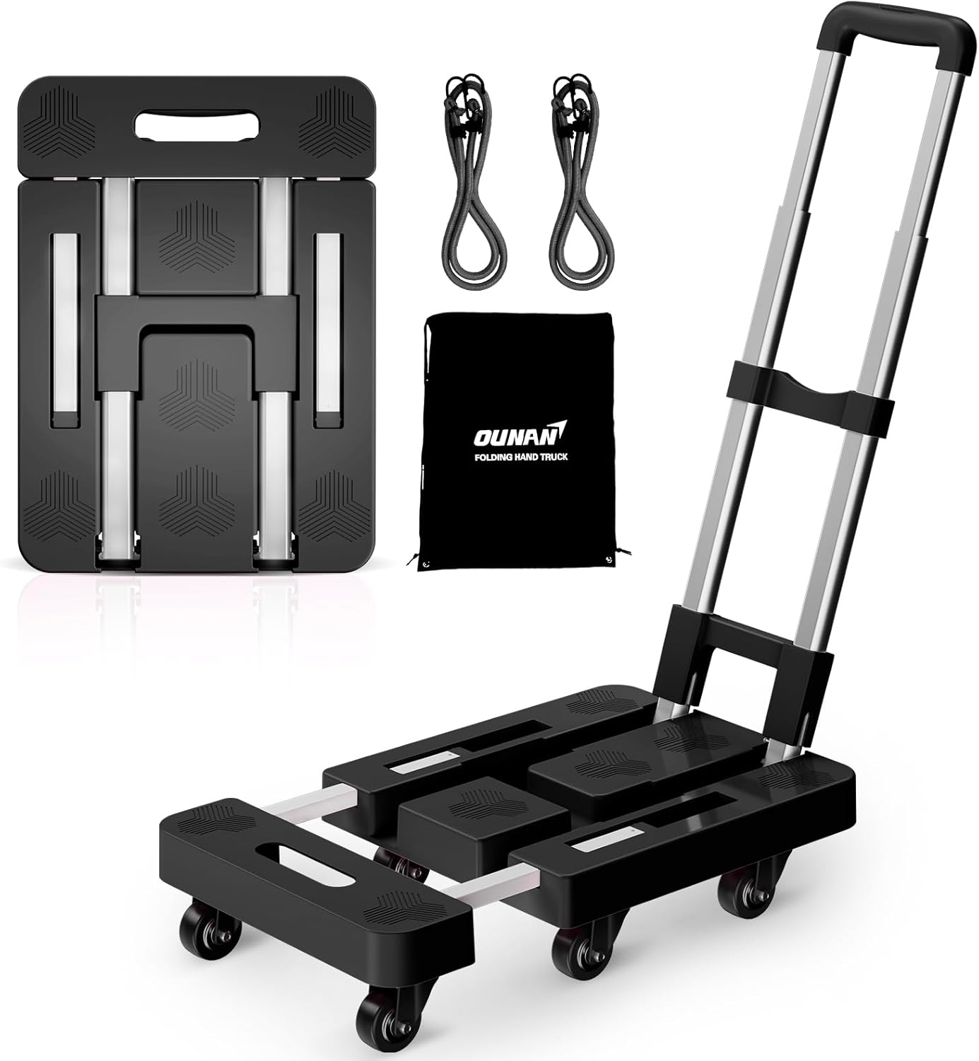 90° Multi-Functional Folding Hand Truck,500lbs Heavy Duty Dolly - Dolly Cart with 6 Wheels & 2 Elastic Ropes, Hand Cart with Upright Handle for Moving, Travel, Office and Home Use(Black) Blacks