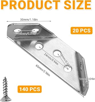 20 Pcs Corner Connector, Angle Brackets, Corner Brackets for Wood, Triangle Angle Bracket, Stainless Steel Corners Braces, with Screws, for Furniture, Shelves, Cabinet, Table, Chair Storage Rack