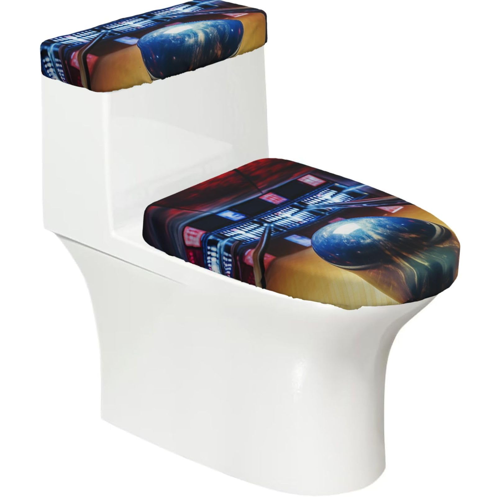 Fodpand Black Bowling Toilet Lid Cover And Toilet Tank Cover Set, Washable Soft Toilet Seat Cover With Elastic Bottom, Universal Stylish Toilet Cover Set For Bathroom Decor Accessories
