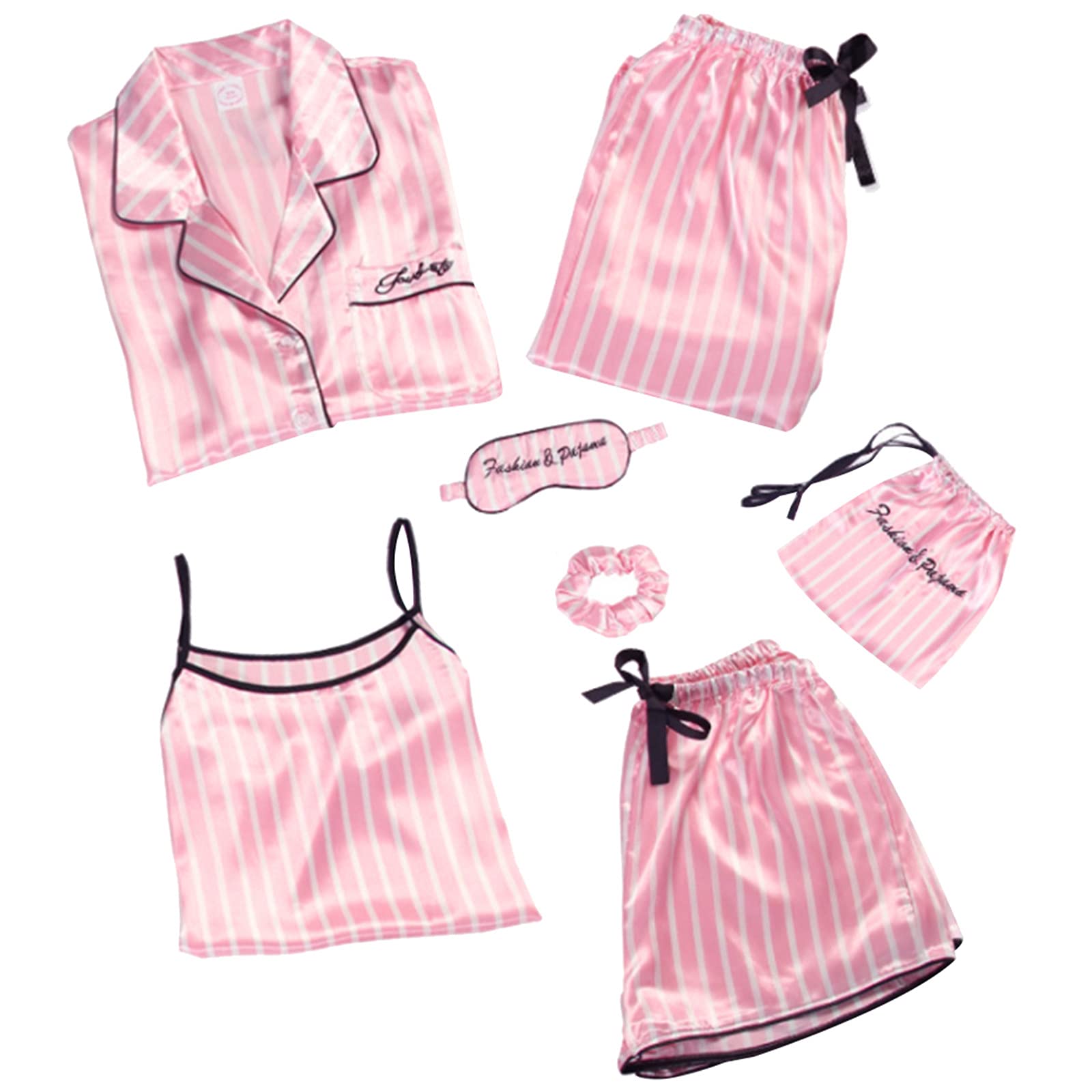 Mujer 7PCS Saten Conjunto de Pijama Tops & Pantalones Cortos Primavera Verano Ropa de Dormir