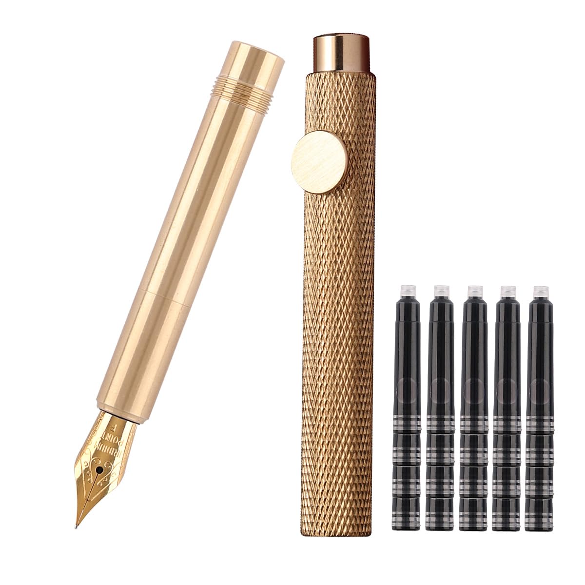 Brass Fountain Pen (85mm) Short Paragraph Pocket Mini Travel Pen Iridium Fine Nib Fountain Pen with 20 Pcs Black Ink Cartridges, Dragon Scale