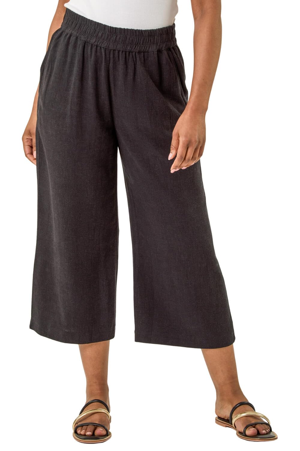 Roman Women's Black Petite Linen Mix Cropped Trouser In | : Size 12