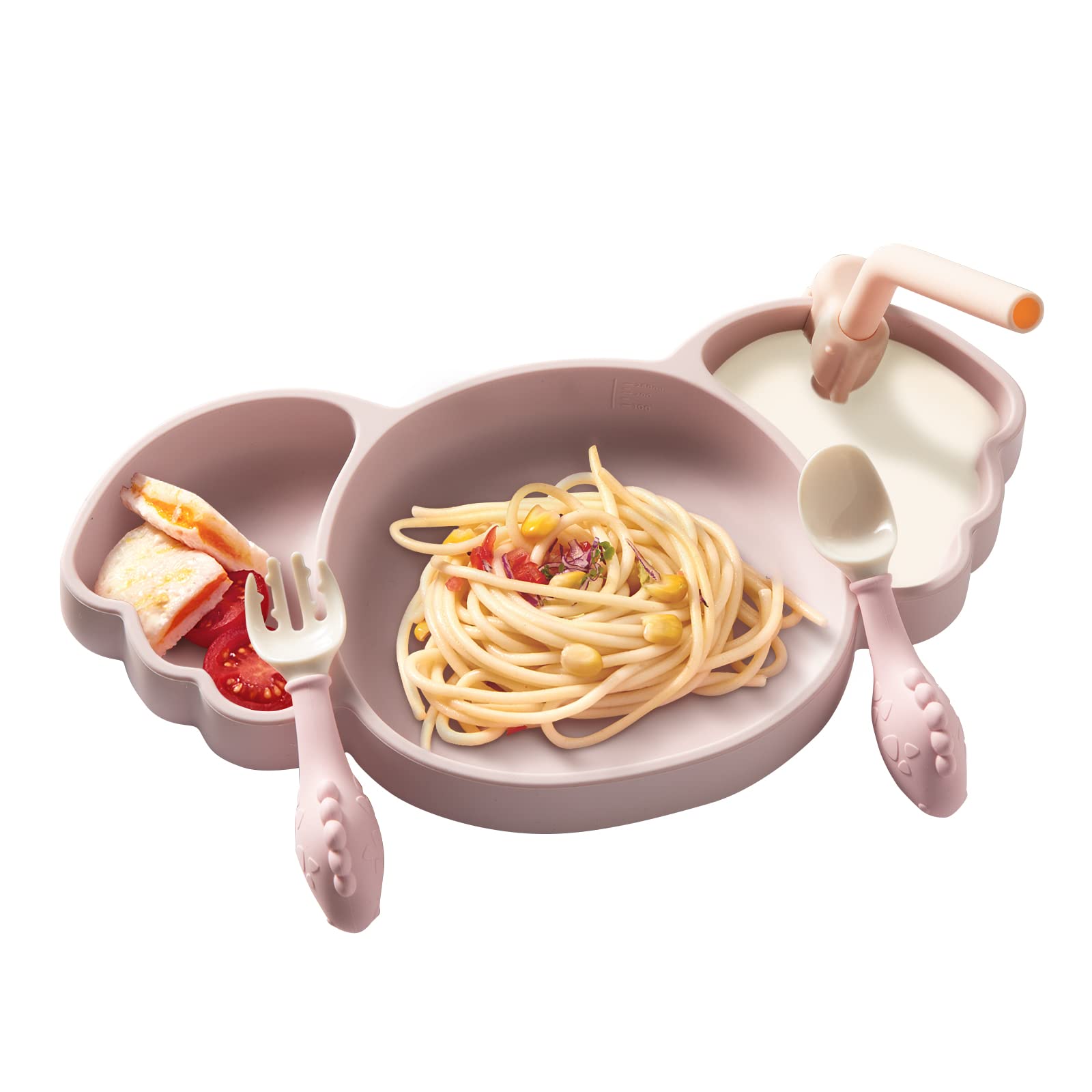 bc babycareSilicone Baby Plates with Suction Toddler Suction Bowls Include Spoon, Fork and Straw Divided Plates for Kids Microwave & Dishwasher Safe & BPA Free (Pink Cute Koala)