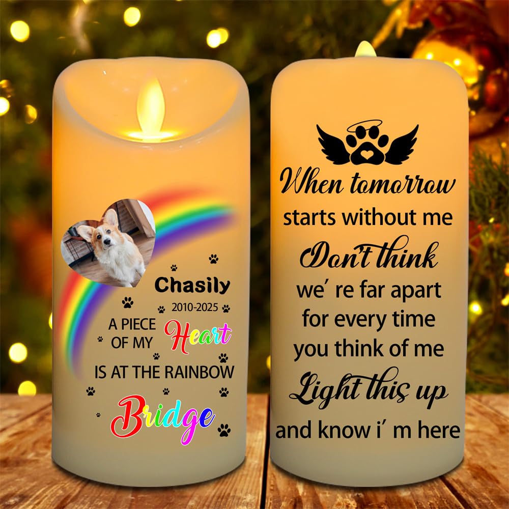 Reyrijf Personalized Dog LED Memorial Candle, Custom Photo Dog Sympathy Gift, Bereavement Candle Light Plastic, Flickering Flame, Battery Operated, Outdoor Use