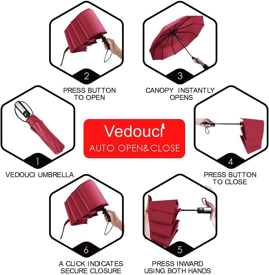 USA Folding Umbrella 10 Ribs Compact Travel Umbrella with Teflon Coating, Automatic Umbrellas Anti UV Coating Folding Umbrellas, Burgundy