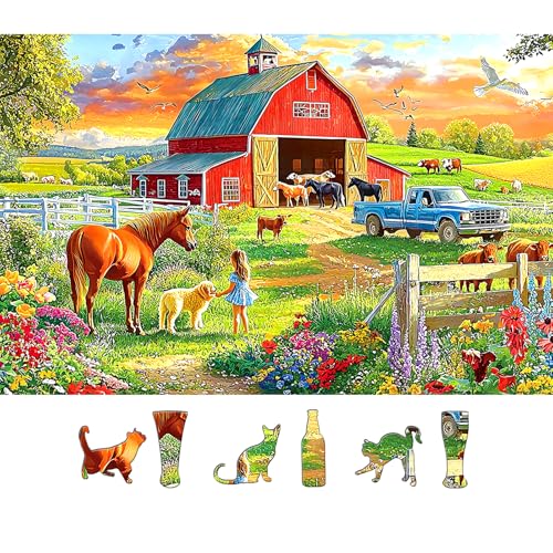 Image of Country Farm Life 500 Piece Adult Jigsaw Puzzle Red Barn & Horse Sunset Countryside Landscape Puzzle with Letters on Back Family Challenge Games Gift for Adults and Seniors(23x15 Inch)