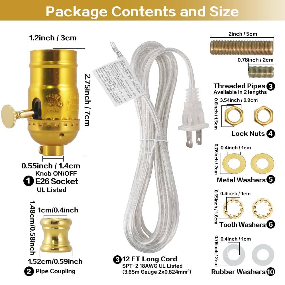 Lamp Rewire Kit Lamp Socket Replacement Kits 12 FT Matching Cord Plug Set with Essential Hardware Lamp Making Supplies for DIY Repair Wiring Assembly E26 Table Floor Light Part - Antique Gold