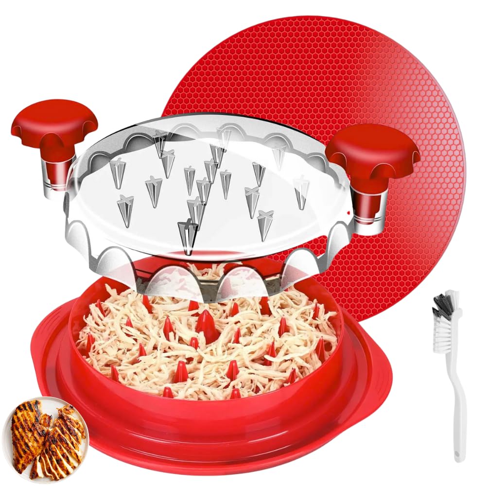 IHS Large Chicken Shredder Tool Twister with Anti-Slip Silicone Base and Brush-Heavy-Duty Meat Shredder Tool Twister with Transparent Lid & Enormous Handle-Food Shredder for Chicken Pork Beef (Red)