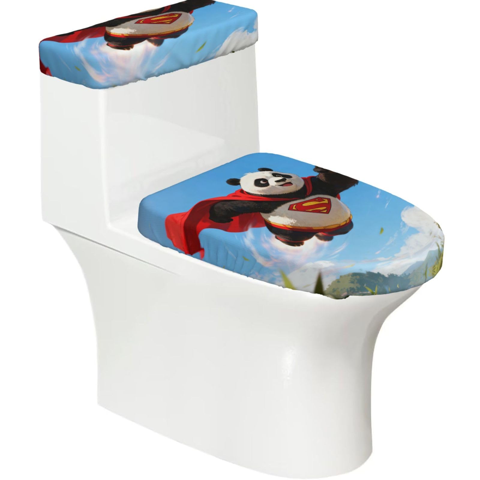 Panda Superhero Elastic Toilet Cover Set of 2-Stretchy Lid and Tank Covers for Bathroom, Soft Washable U Shape Toilet Decor