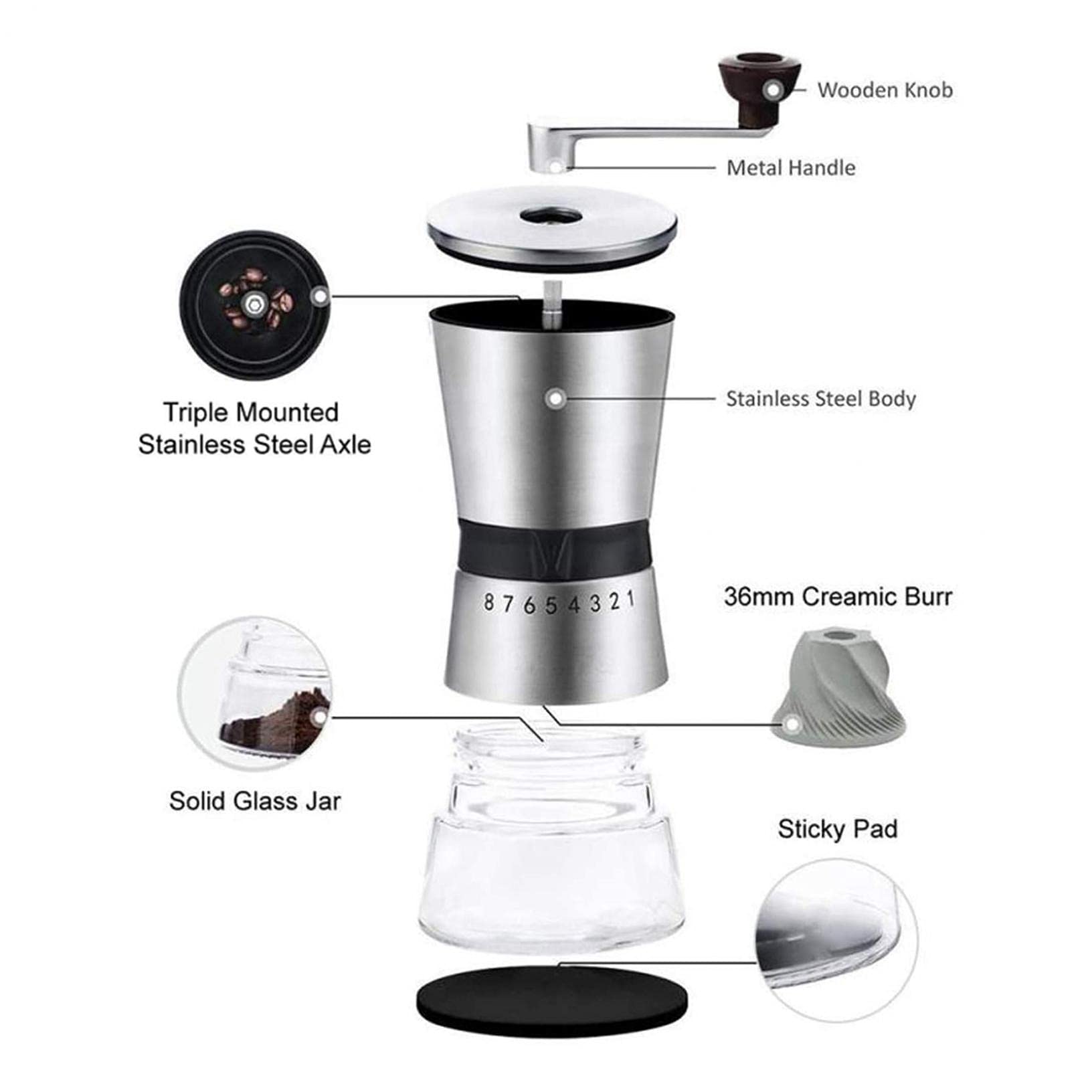Molinillo De Café Manual, Ajuste Ajustable Molino De Manivela Portátil De Acero Inoxidable con Fresa De Cerámica, Molino De Café De Mano, Silver