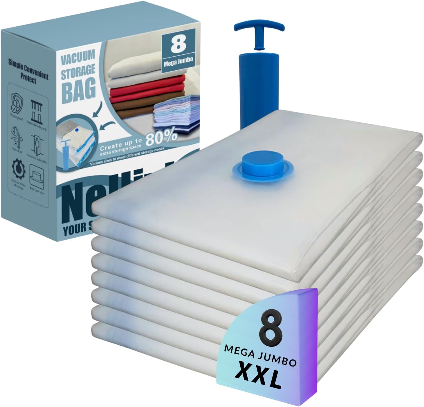 Nellivia 8 Mega Jumbo XXL Vacuum Storage Bags with Pump, Supersized Compression Space Saver for Comforter, duvet, Bedding, Blanket storage, Vacuum Seal Bags for Clothing, Durable Safe Poly Material