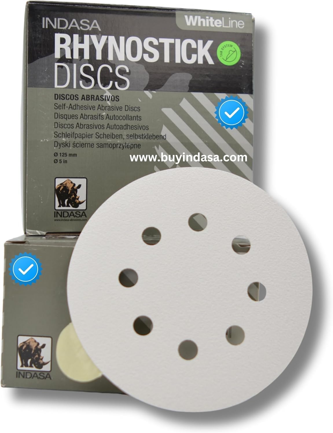 5 inch RhynoStick 8-Hole White Line Sticky Discs 100 Discs 400 Grit