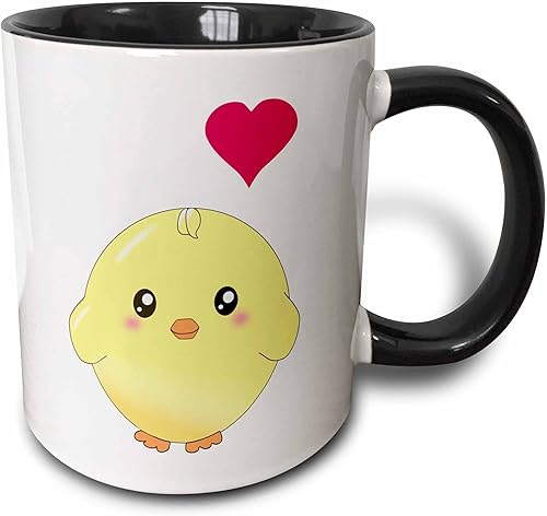 3dRose mug_112902_4 Lindo pollo amarillo con corazón de amor rojo, dulce kawaii anime, caricatura, adorable pájaro redondo de dos tonos, 11 onzas,