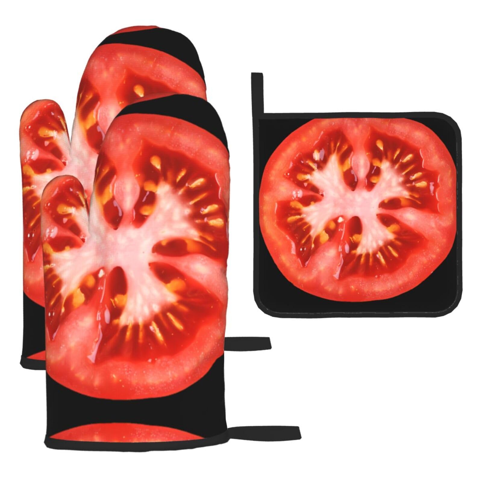 Tomato Slice Printed Oven Mitt Set 3-Piece | Heat Resistant Gloves & Pot Holder Mat for Cooking, Baking & BBQ