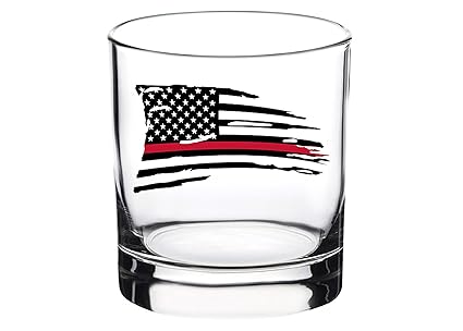 Rogue River Tactical Tattered Waving Firefighter Thin Red Line Flag Old Fashioned Whiskey Glass Drinking Cup Gift For Fire Fighter Department FD