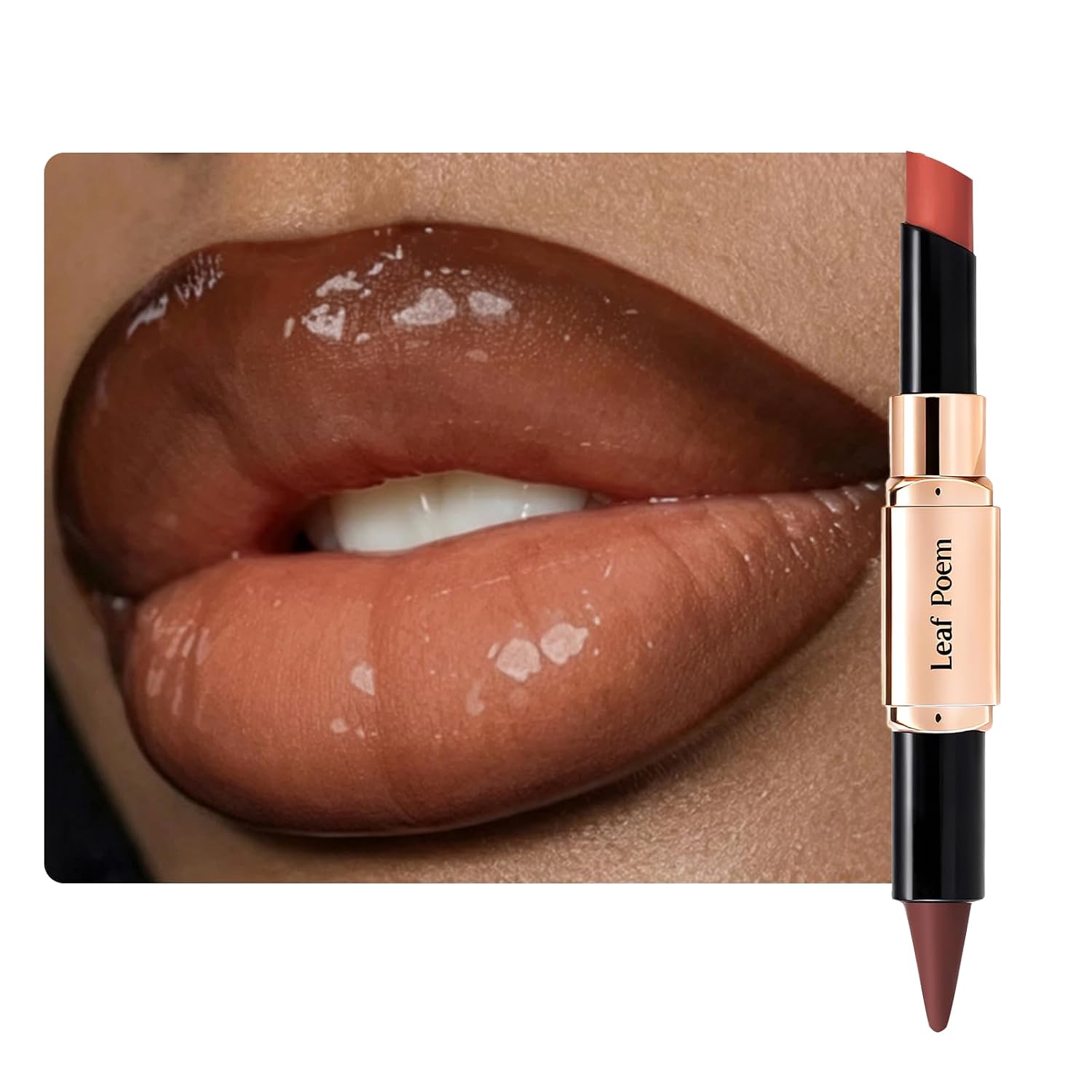 BAISEN DIARY 2-in-1 Lip Liner & Lipstick Duo, 90s Ombre Lip Combo, Caramel Brown Matte Contour Liner & Satin Finish Color, Double-Ended Makeup for Defined, Fuller-Looking Lips