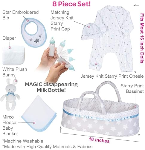 Miniatura 4 de Adora Ropa de muñeca de bebé  Adoption Baby Essentials Sweet Star para muñecas de 16 niñas, juego de regalo esencial de 8 piezas para niños, azul
