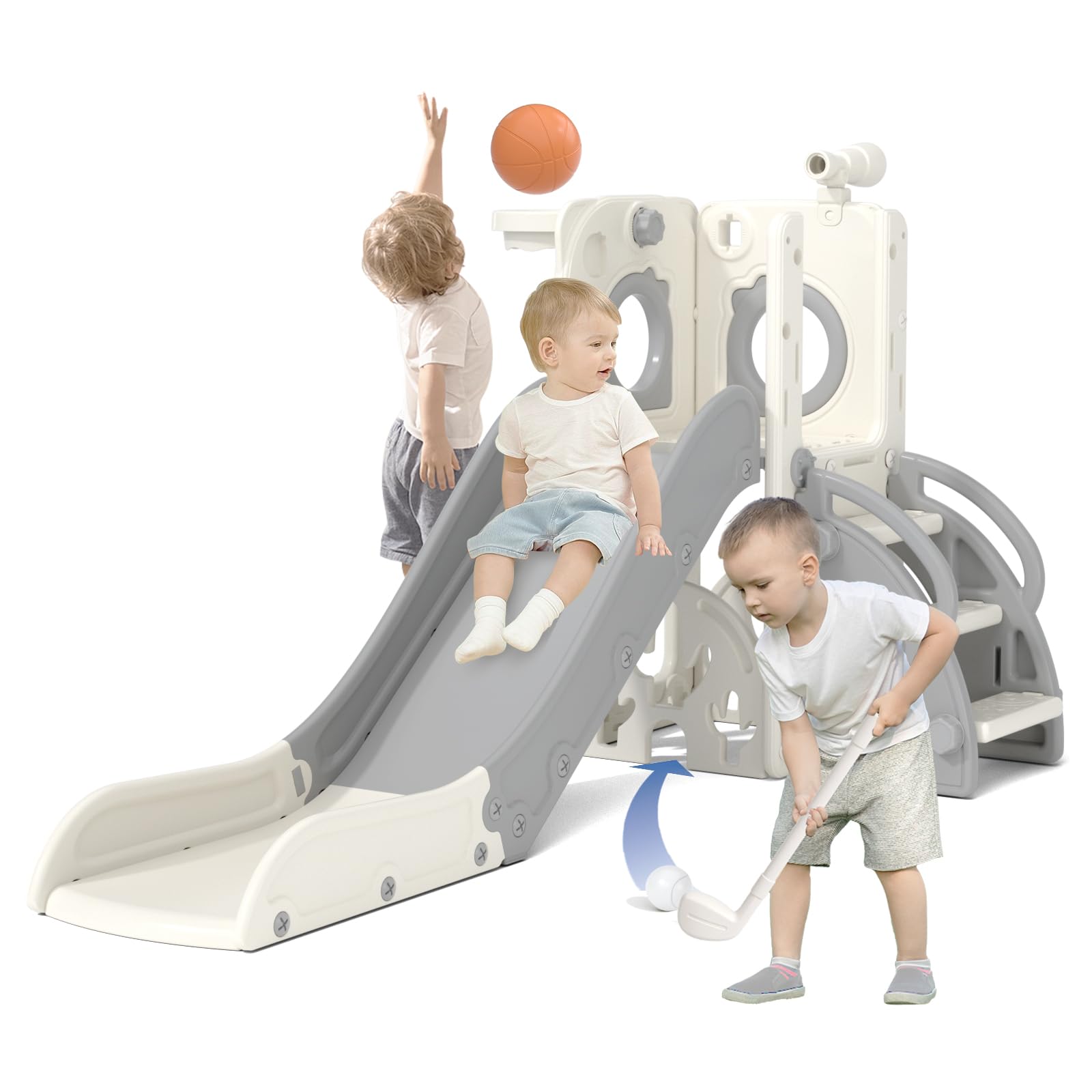 KORIMEFA 7 in 1 Toddler Slide, Kids Slide for Toddlers Baby 1-3 Years Old, Indoor and Outdoor with Basketball Hoop & Golf Set, Plastic Slides for Kids