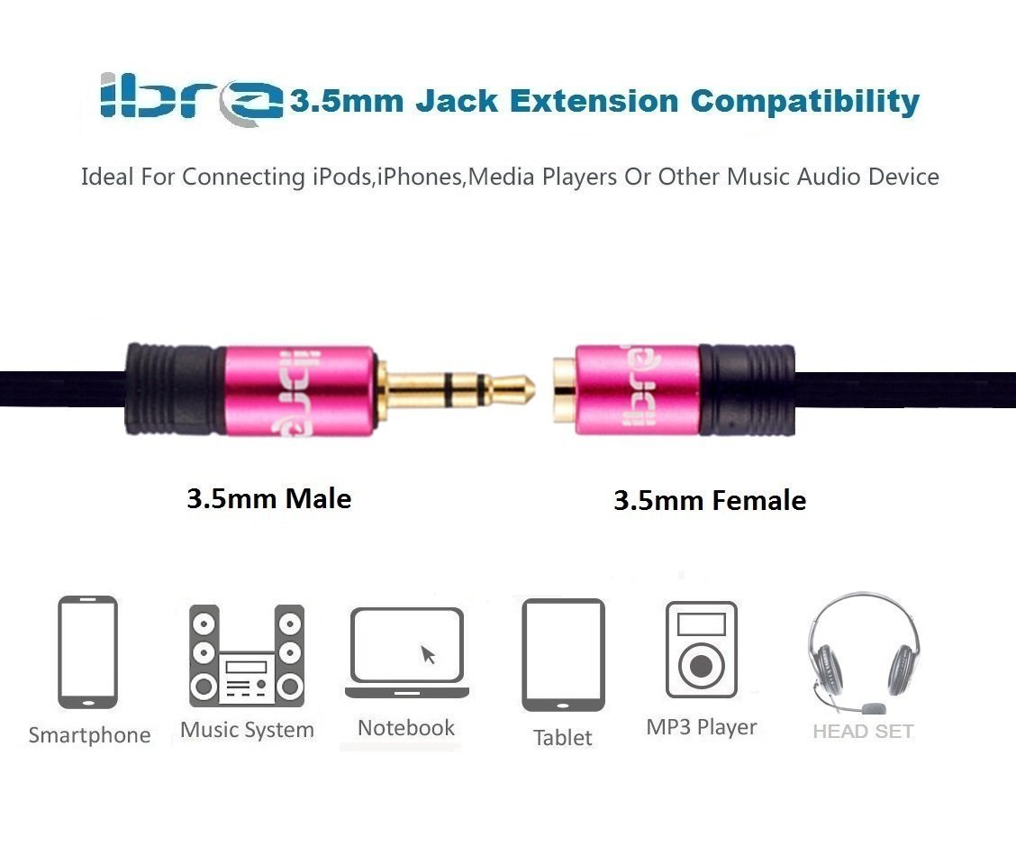 IBRA® 2m Stereo Jack Extension Cable 3.5mm Male > 3.5mm Female - Pink — view 8