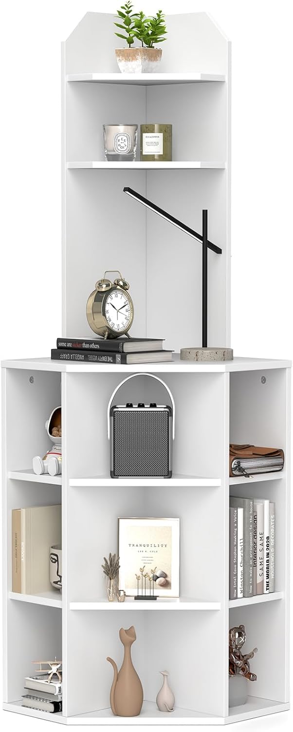 Giantex 6-Tier Corner Shelf with Charging Station, 63" Tall Corner Bookshelf with 2 USB Ports & 2 Outlets, Wooden Bookcase, Display Storage Cabinet for Living Room, Kitchen, Bedroom (1,White)